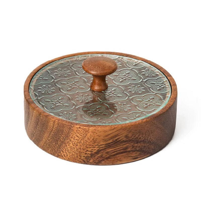 Bandeja Nogueira Miyake – Armazenamento Elegante com Tampa de Vidro