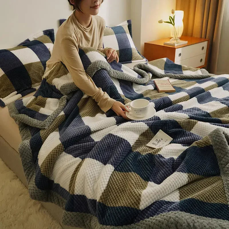 Manta de Lã Flocked Super Macia — Cobertor Leve para Sofá & Cama, Ideal para Viagens