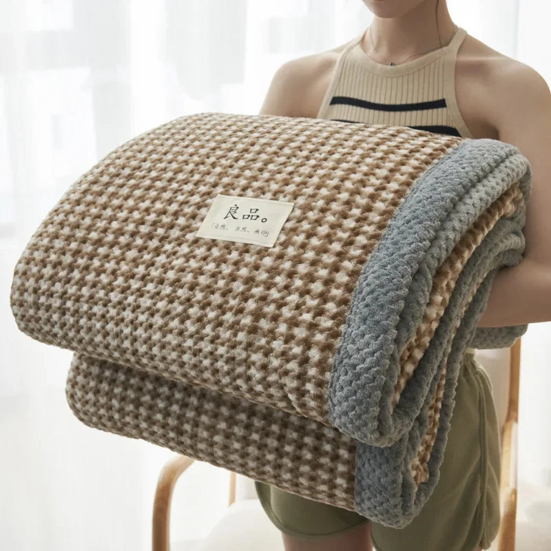 Manta de Lã Flocked Super Macia — Cobertor Leve para Sofá & Cama, Ideal para Viagens