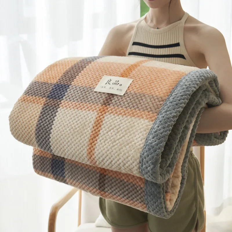 Manta de Lã Flocked Super Macia — Cobertor Leve para Sofá & Cama, Ideal para Viagens