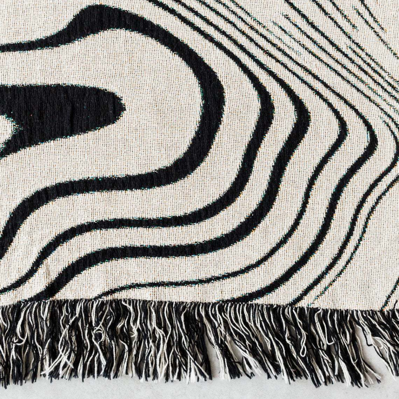 Manta Ondas Zen Algodão Premium Preto e Branco para Sofá e Cama