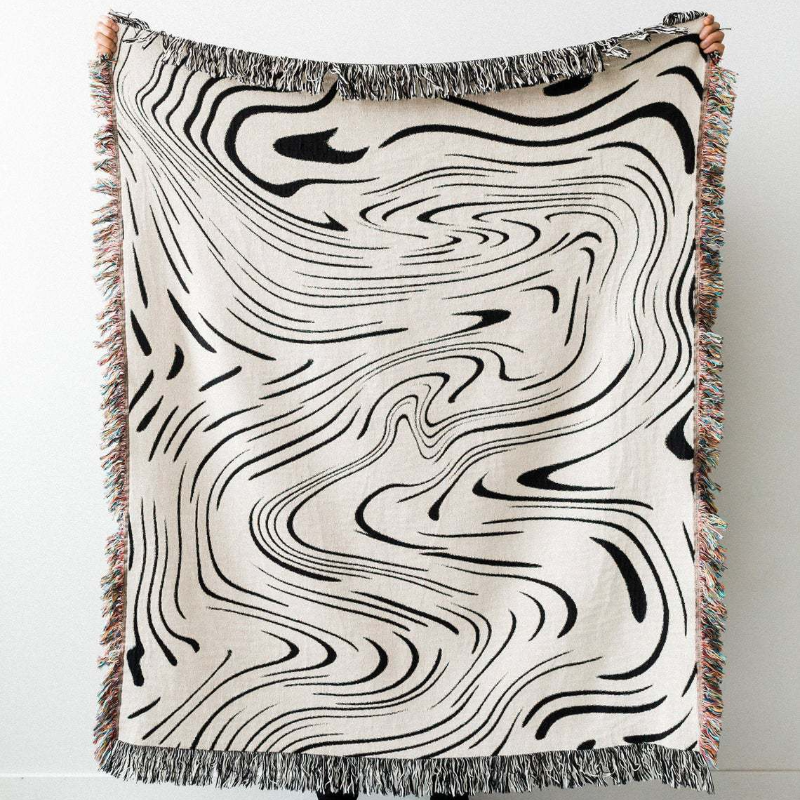 Manta Ondas Zen Algodão Premium Preto e Branco para Sofá e Cama