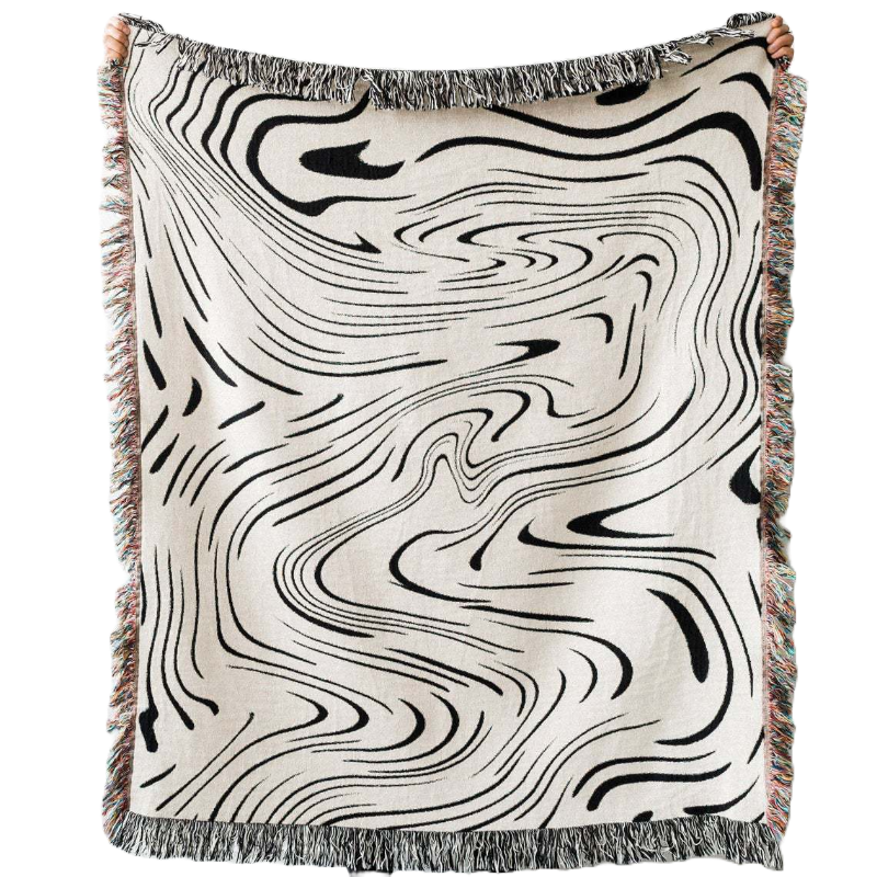 Manta Ondas Zen Algodão Premium Preto e Branco para Sofá e Cama