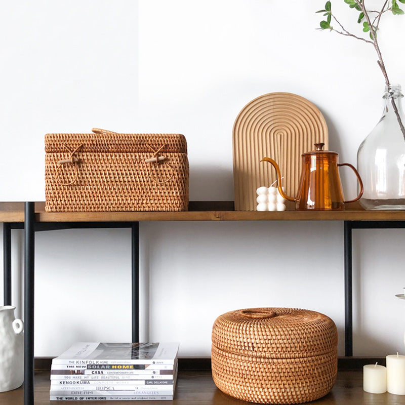 Organizador Rattan Bellezza com Detalhe em Porcelana – Cesta Decorativa Retangular